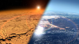 Художественное изображение ранней марсианской среды (справа) по сравнению с сегодняшней (слева). 