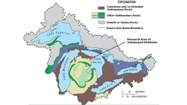 Карта бассейна Великих озер с указанием геологического контекста. Стрелка и красный кружок указывают на расположение нескольких подводных впадин в озере Гурон, включая воронку Мидл-Айленд.