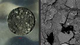 Слева: фото грунта с астероида Рюгу. Справа: увеличенное с помощью электронного микроскопа изображение структуры одного из фрагментов.