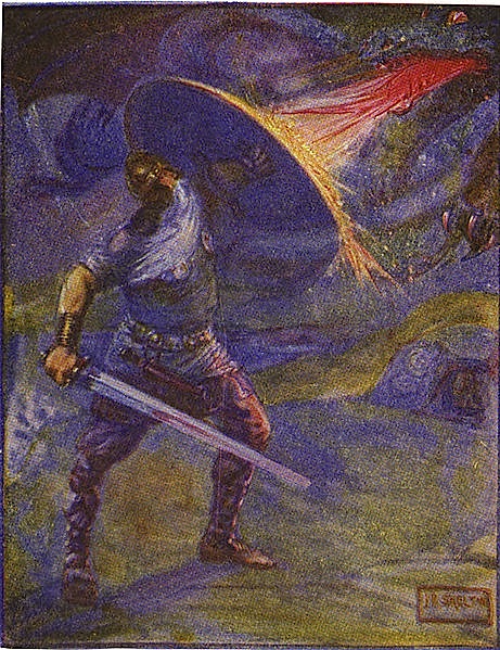 Поединок Беовульфа с драконом (иллюстрация к изданию 1908 года).