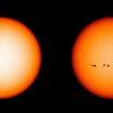 Слева: спокойное солнце декабря 2019 года. Справа: солнечные пятна апреля 2014 года.