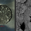 Слева: фото грунта с астероида Рюгу. Справа: увеличенное с помощью электронного микроскопа изображение структуры одного из фрагментов.