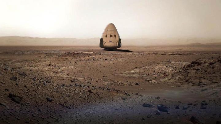 Аэрокосмическая компания SpaceX визуализировала свои планы, выложив в Сеть фотомонтаж: корабль Dragon на поверхности Красной планеты.