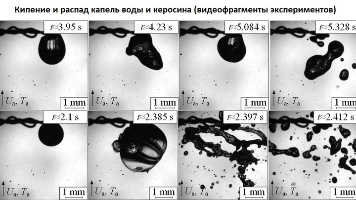 Видеофрагменты экспериментов, иллюстрирующие кипение и распад исследуемых капель (воды и керосина).