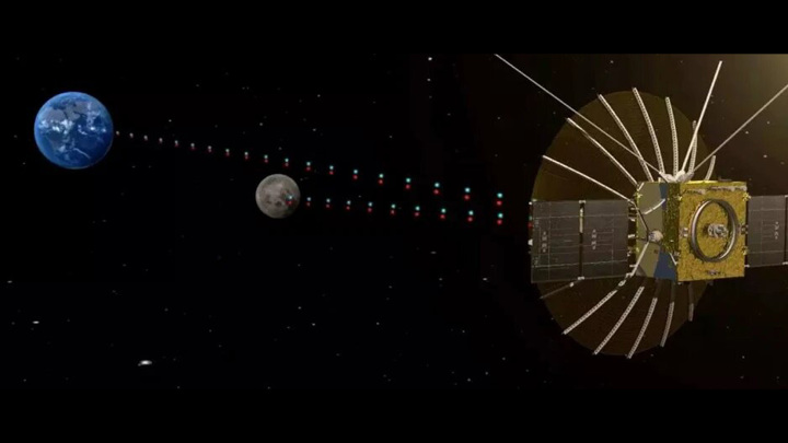 Аппарат "Цюэцао" в представлении художника, передаёт данные с Луны на Землю.
